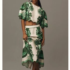 Farm Rio Color Festival green printed linen midi skirt - Large - NWT